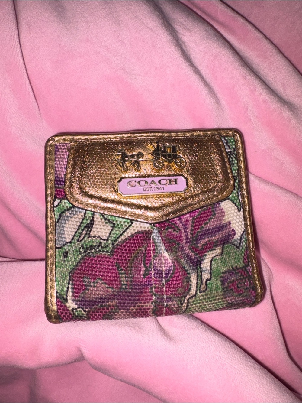 COACH Floral Canvas Wallet with Metallic Gold Trim - Pink & Green
